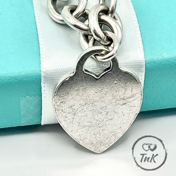 Tiffany & Co. Blank Heart Tag Charm Bracelet 8" Sterling Silver Round Link - Picture 3 of 14